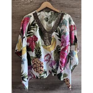 Peck & Peck 100% Linen Blouse M Floral Beaded Collar Poncho Oversize Boxy Kimono